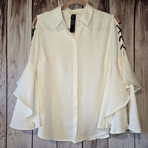 Chico's Black Label Cold Shoulder White Blouse with Ruffle Sleeves Size 0 Small